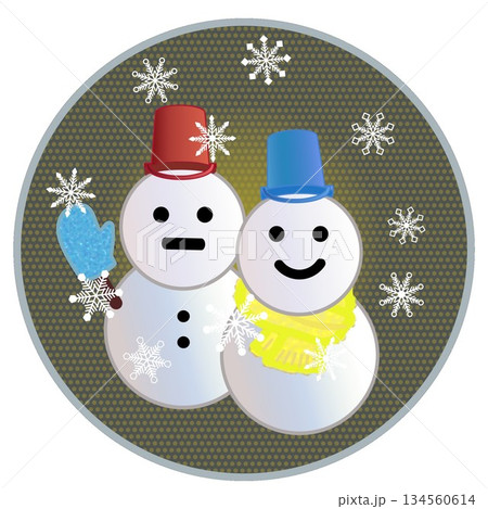 円形背景のついた雪だるまのイラスト 134560614