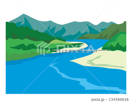 PIXTA用・四万十川と沈下橋のある風景のイラスト 134560636