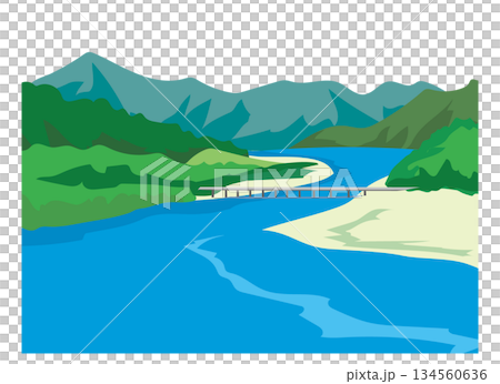 PIXTA用・四万十川と沈下橋のある風景のイラスト 134560636