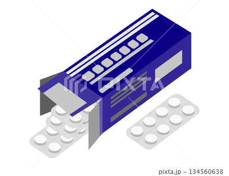 イブプロフェン系の頭痛薬の錠剤が箱から出ているイメージのイラスト 134560638