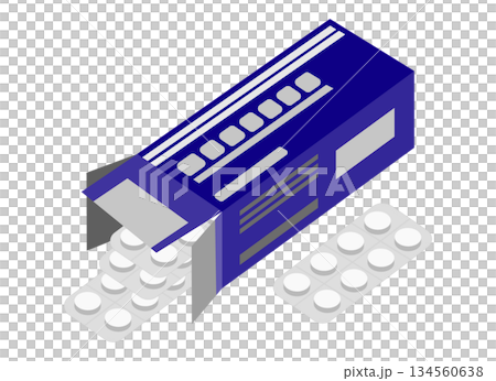 イブプロフェン系の頭痛薬の錠剤が箱から出ているイメージのイラスト 134560638