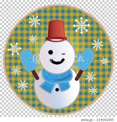円形背景のついた雪だるまのイラスト 134561005