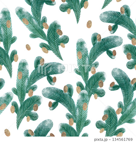 Seamless pattern with snow-covered spruce branches on a white background. Hand-drawn with paints and pencils. Suitable for printing on fabric and paper. Seamless pattern with snow-covered spruce branches on a white background. Hand-drawn with paints and pencils. Suitable for printing on fabric and paper. 134561769