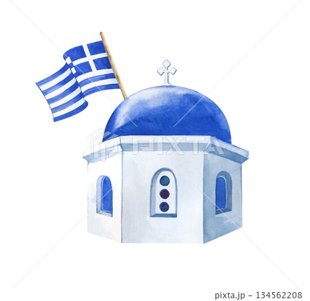 Watercolor composition with the blue dome of the church and the striped flag of Greece. A hand-drawn illustration of a Greek landmark on an isolated background. Realistic clipart for commemorative Watercolor composition with the blue dome of the church and the striped flag of Greece. A hand-drawn illustration of a Greek landmark on an isolated background. Realistic clipart for commemorative 134562208