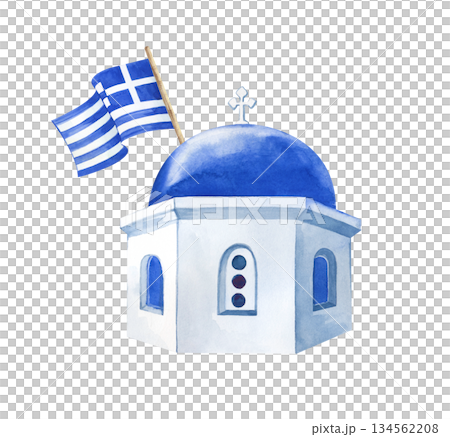 Watercolor composition with the blue dome of the church and the striped flag of Greece. A hand-drawn illustration of a Greek landmark on an isolated background. Realistic clipart for commemorative Watercolor composition with the blue dome of the church and the striped flag of Greece. A hand-drawn illustration of a Greek landmark on an isolated background. Realistic clipart for commemorative 134562208