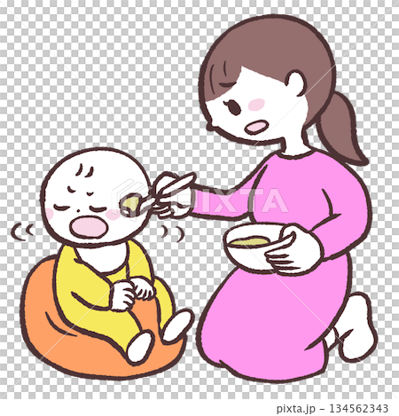 插圖描繪了一位拒絕進食的女人和她的嬰兒 插圖描繪了一位拒絕進食的女人和她的嬰兒 134562343