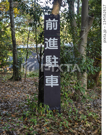 木漏れ日の森に佇む前進駐車の看板 134562617