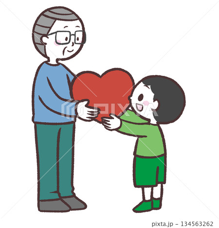 シニア男性にハートを渡す男の子のイラスト 134563262
