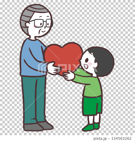 シニア男性にハートを渡す男の子のイラスト 134563262