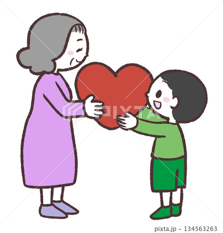 シニア女性にハートを渡す男の子のイラスト 134563263