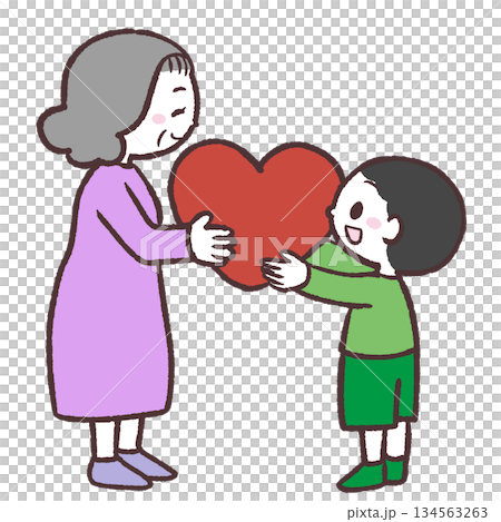 シニア女性にハートを渡す男の子のイラスト 134563263