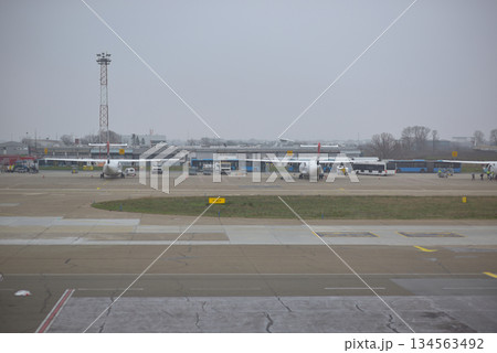 Runway of Nikola Tesla Airport in Belgrade, capital of Serbia 134563492