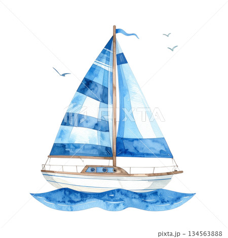青い帆のヨット　かわいい水彩イラスト 134563888