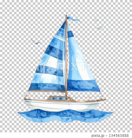 青い帆のヨット　かわいい水彩イラスト 134563888