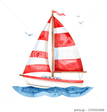 赤い帆のヨット　かわいい水彩イラスト 134563890
