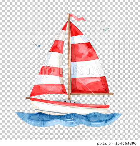 赤い帆のヨット　かわいい水彩イラスト 134563890