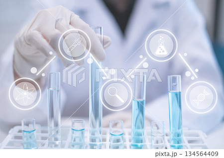 Laboratory research science chemistry blue liquid test tube with icon Laboratory research science chemistry blue liquid test tube with icon 134564409