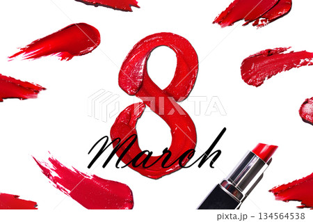 8 march spring banner. lipstick banner on a white background. Red lipstick glossy texture in 8 eight shape. 8 march happy international woman day banner 8 march spring banner. lipstick banner on a white background. Red lipstick glossy texture in 8 eight shape. 8 march happy international woman day banner 134564538