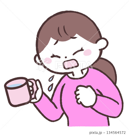 コップを持つ女性がむせるイラスト 134564572