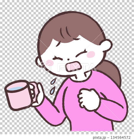 コップを持つ女性がむせるイラスト 134564572