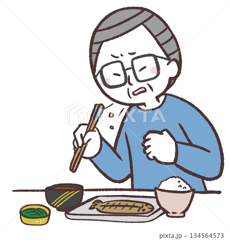食事でむせるシニア男性のイラスト 食事でむせるシニア男性のイラスト 134564573