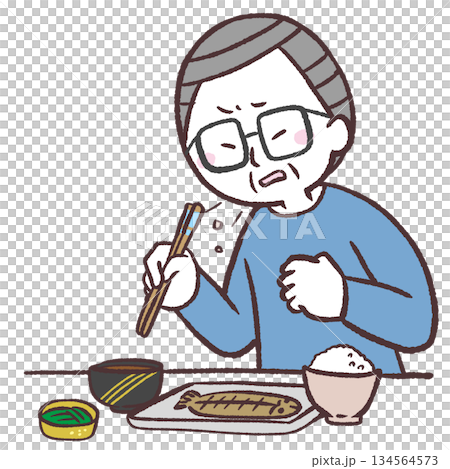 食事でむせるシニア男性のイラスト 食事でむせるシニア男性のイラスト 134564573