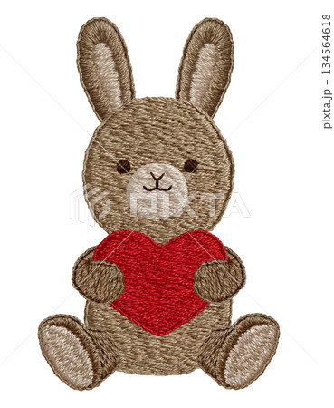 【ハートとウサギのぬいぐるみ】手刺繍イラスト素材 134564618