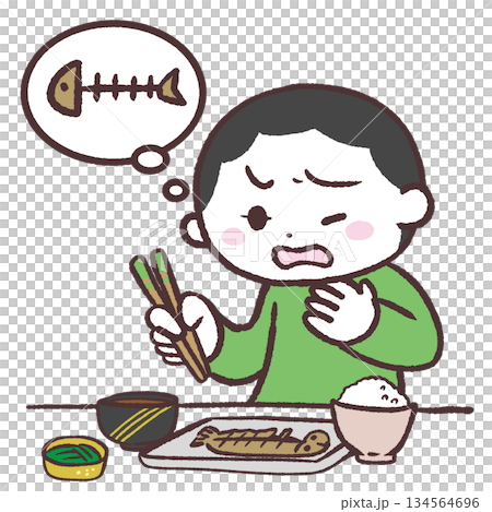 Illustration of a boy with a fish bone stuck in his throat 134564696
