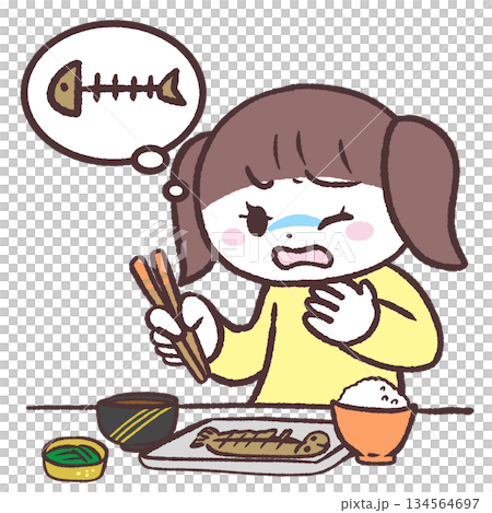 Illustration of a girl with a fish bone stuck in her throat Illustration of a girl with a fish bone stuck in her throat 134564697