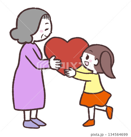 シニア女性にハートを渡す女の子のイラスト 134564699