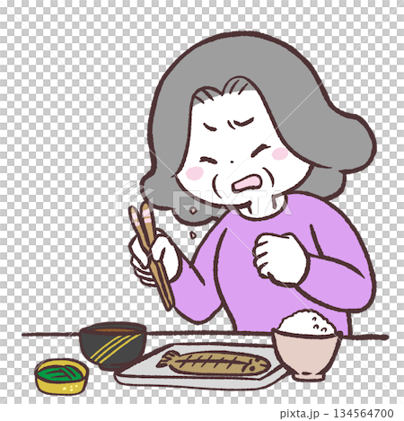 Illustration of a senior woman choking on a meal Illustration of a senior woman choking on a meal 134564700