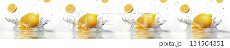 Fresh yellow lemons splashing in water with falling slices on white panoramic background Fresh yellow lemons splashing in water with falling slices on white panoramic background 134564851