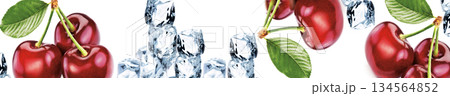 Fresh red cherries with green leaves and ice cubes on white panoramic background Fresh red cherries with green leaves and ice cubes on white panoramic background 134564852