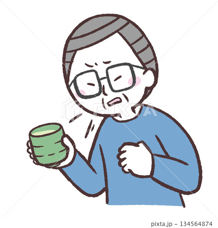 湯呑を持つシニア男性がむせるイラスト 湯呑を持つシニア男性がむせるイラスト 134564874
