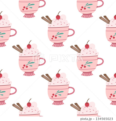 Cute seamless pattern with a pink cup of warm drink, with cream, cinnamon and a red cherry on top 134565023