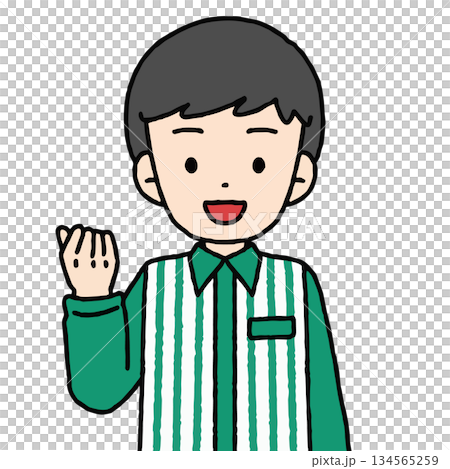コンビニ店員の男性がガッツポーズをしている 134565259