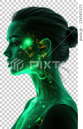 A passionate female executive, glowing in cool green, with digital projections of innovation and market expansion surrounding her, symbolizing her A passionate female executive, glowing in cool green, with digital projections of innovation and market expansion surrounding her, symbolizing her 134565323