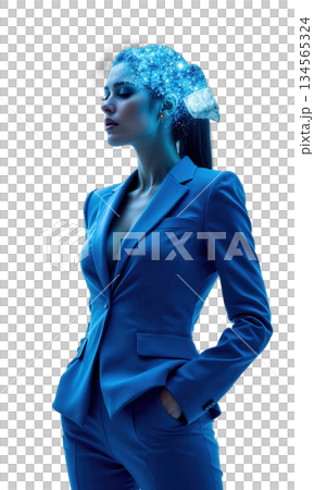 A confident businesswoman in a glowing sapphire suit, standing in a void with swirling currencies orbiting her head like 134565324