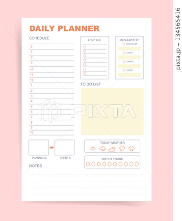 Daily planner template with hourly schedule, shop list checklist, meals and water tracker, planned vs spent budget, weather icons and notes. Minimal vector printable organizer page. Daily planner template with hourly schedule, shop list checklist, meals and water tracker, planned vs spent budget, weather icons and notes. Minimal vector printable organizer page. 134565416