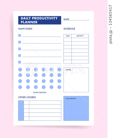 Daily productivity planner template with main tasks checklist, time and activity schedule table, 25 min tracker dots, other chores list, notes and tomorrow plan. Clean printable vector page. 134565417