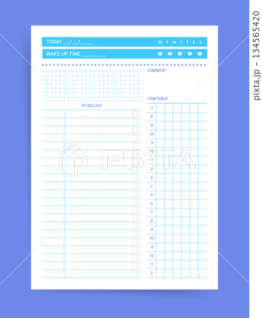 Daily planner template with wake up time header, weekday strip, habit hearts, long to do checklist, comment area and grid timetable section. Minimal blue vector printable page. 134565420