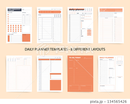Daily planner templates bundle with 8 different layouts: schedule timetable, to do checklist, mood habit trackers, budget expenses, meals and water logs, notes. Minimal printable vector pages. Daily planner templates bundle with 8 different layouts: schedule timetable, to do checklist, mood habit trackers, budget expenses, meals and water logs, notes. Minimal printable vector pages. 134565426