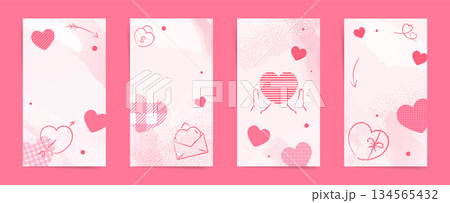 Valentine vertical banner templates with patterned hearts, hand drawn doodles and soft pastel texture. Romantic pink story backgrounds for social media, cards and promo layout vector set Valentine vertical banner templates with patterned hearts, hand drawn doodles and soft pastel texture. Romantic pink story backgrounds for social media, cards and promo layout vector set 134565432