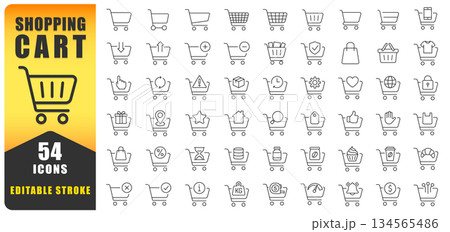 Clean And Versatile Shopping Cart Line Icon Set Featuring E Commerce, Retail, Checkout, Payment, And User Actions. Ideal For Web, App, Ui, And Online Store Design With Editable Stroke. Isolated Vector 134565486