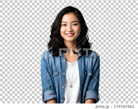 一位神態平靜的年輕女子穿著牛仔襯衫,休閒時尚(透明背景) 一位神態平靜的年輕女子穿著牛仔襯衫,休閒時尚(透明背景) 134565862