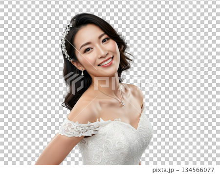 微笑む日本人花嫁の上半身ポートレート ウェディングドレス姿 清楚で上品な女性（背景透過） 134566077