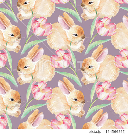 Seamless pattern of tulips and rabbits on a violet background. Watercolor illustration. For fabric, wallpaper, packing paper, greeting cards, design, decoration and illustration. Seamless pattern of tulips and rabbits on a violet background. Watercolor illustration. For fabric, wallpaper, packing paper, greeting cards, design, decoration and illustration. 134566235