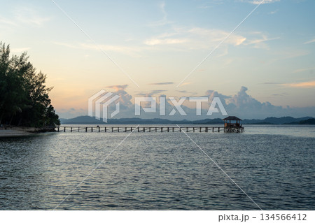 Sunset view of pier on Bolilanga Island, Togian archipelago, Sulawesi, Indonesia Sunset view of pier on Bolilanga Island, Togian archipelago, Sulawesi, Indonesia 134566412