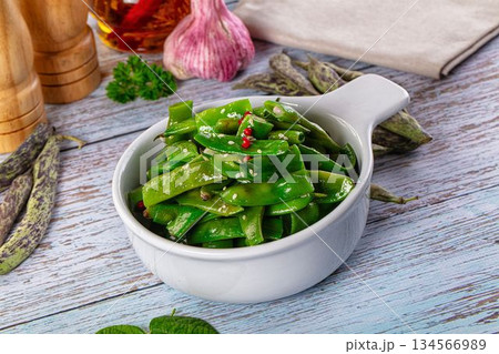 Steamed green bean strings heap 134566989