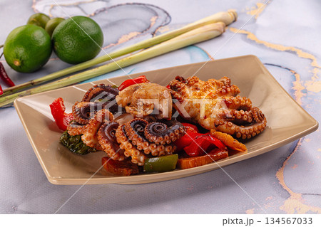 Gourmet grilled octopus with vegetables 134567033